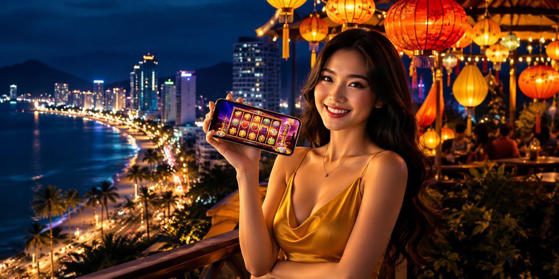 Đèn lồng Hội An lung linh bên cạnh màn hình slot game đang quay
