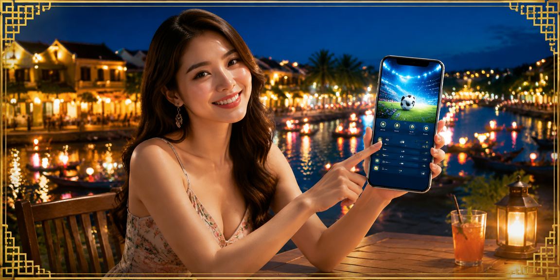 Người dùng tại Hội An ngồi cà phê xem kết quả cá cược thể thao trên điện thoại